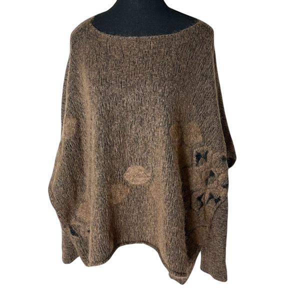 SARAH PACINI Brown Jacquard Poncho Sweater Long Sleeve Merino Wool Mohair O/S - Picture 2 of 11